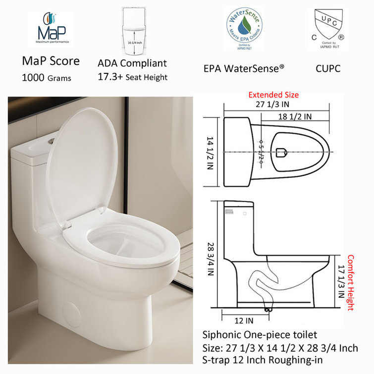 ESMISMO One Piece Seat Height ADA Toilet with Soft